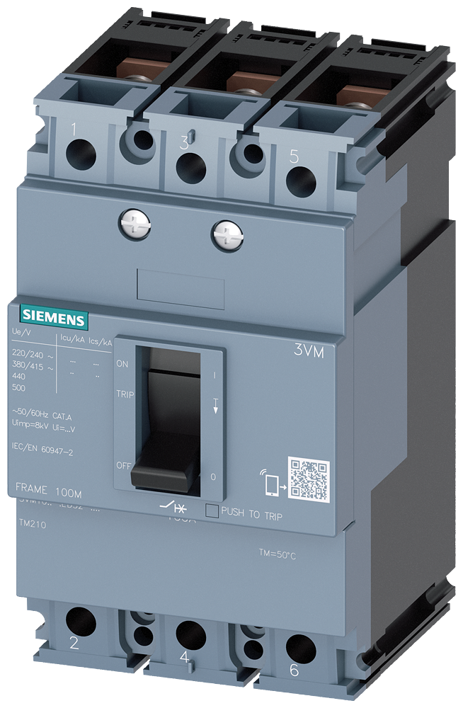 Siemens 3VM1010-4ED32-0AA0 circuit breaker 3VM1 IEC frame 100 breaking capacity class S Icu=36kA @ 415V 3-pole, line protection TM210, FTFM, In=100A overload protection Ir=100A, not adjustable short-circuit protection Ii=10 x In nut keeper kit