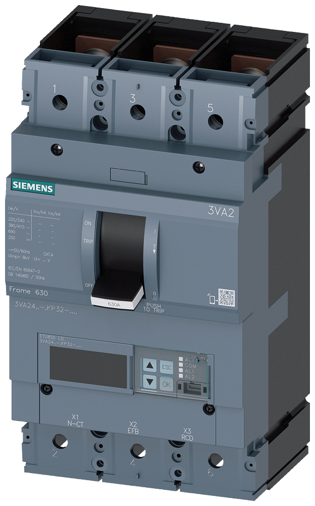 Siemens 3VA2463-5KP32-0AA0 circuit breaker 3VA2 IEC frame 630 breaking capacity class M Icu=55kA @ 415V 3-pole, line protection ETU850, LSI, In=630A overload protection Ir=250A...630A short-circuit protection Isd=0.6..9x In, Ii=1.5..9x In N conductor prot