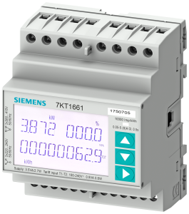 Siemens 7KT1661 SENTRON, measuring device, 7KT PAC1600, LCD, L-L: 400 V, L-N: 230 V, 5 A, strd rail instr., 3-phase, Modbus RTU/ASCII, apparent/active/ reactive energy, self-powered, screw terminals