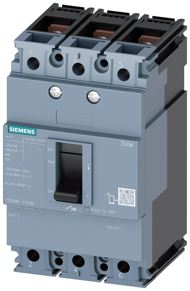 Siemens 3VM1080-3ED32-0AA0 circuit breaker 3VM1 IEC frame 100 breaking capacity class N Icu=25kA @ 415V 3-pole, line protection TM210, FTFM, In=80A overload protection Ir=80A, not adjustable short-circuit protection Ii=10 x In nut keeper kit