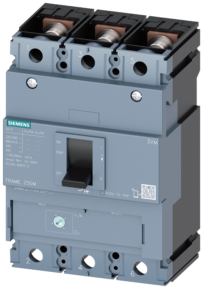 Siemens 3VM1220-3EE32-0AA0 circuit breaker 3VM1 IEC frame 250 breaking capacity class N Icu=25kA @ 415V 3-pole, line protection TM220, ATFM, In=200A overload protection Ir=140A...200A short-circuit protection Ii=10 x In nut keeper kit