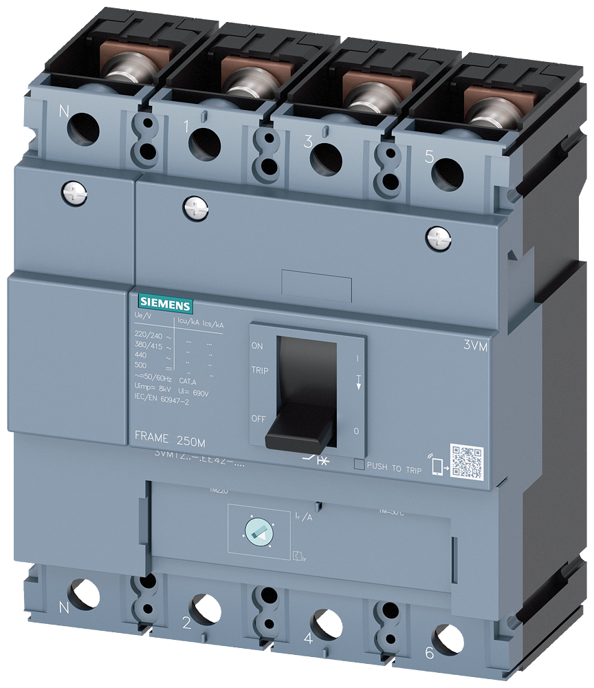 Siemens 3VM1225-4EE42-0AA0 circuit breaker 3VM1 IEC frame 250 breaking capacity class S Icu=36kA @ 415V 4-pole, line protection TM220, ATFM, In=250A overload protection Ir=175A...250A short-circuit protection Ii=10 x In N conductor unprotected nut keeper 