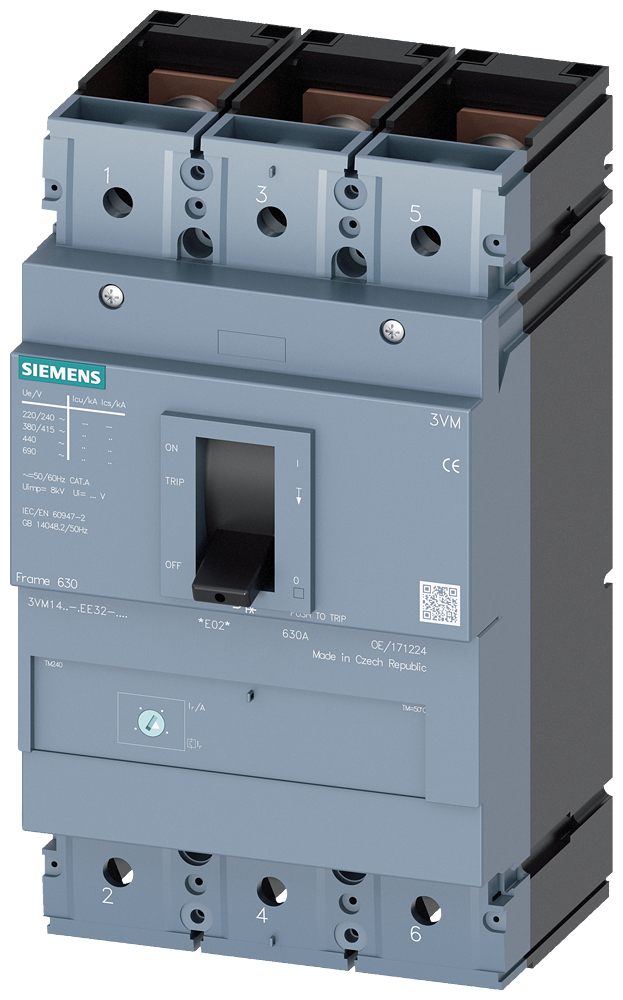 Siemens 3VM1450-4EE32-0AA0 circuit breaker 3VM1 IEC frame 630 breaking capacity class N Icu=36kA @ 415V 3-pole, line protection TM220, ATFM, In=500A overload protection Ir=350A...500A short-circuit protection Ii=10 x In nut keeper kit