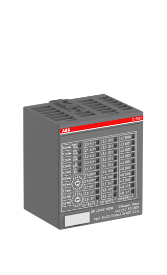 ABB 1SAP228100R0001 Interface module. CANopen slave. 4 AI: U, I, RTD. 2 AO: U, I. 8 DI: 24VDC. 8 DO: 24VDC 0.5A (CI581-CN)