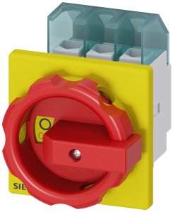 Siemens 3LD2103-0TK53 SENTRON, Switch disconnector 3LD, emergency switching-off switch, 3- pole, Iu: 25 A, operating power / at AC-23 A 400 V: 9.5 kW, front-mounted, rotary operating mechanism, Red / yellow, 4-hole mounting of the handle