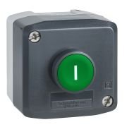 XALD102 Control station, Harmony XALD, XALK, plastic, dark grey lid, 1 green flush push button 22mm, spring return, marked I, 1 NO