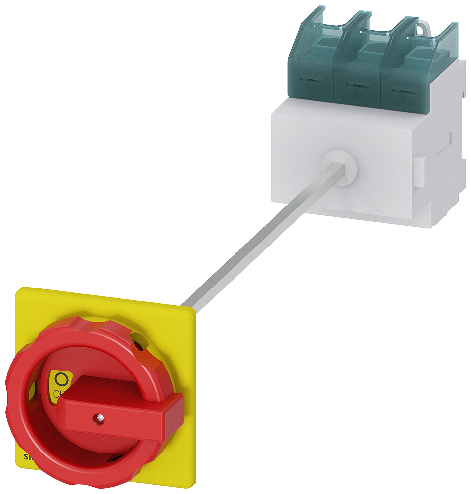 Siemens 3LD2814-0TK53 SENTRON, Switch disconnector 3LD, emergency switching-off switch, 3- pole, Iu: 125 A, operating power / at AC-23 A 400 V: 45 kW, floor mounting with door coupling, rotary operating mechanism, Red / yellow, 4-hole mounting of the hand