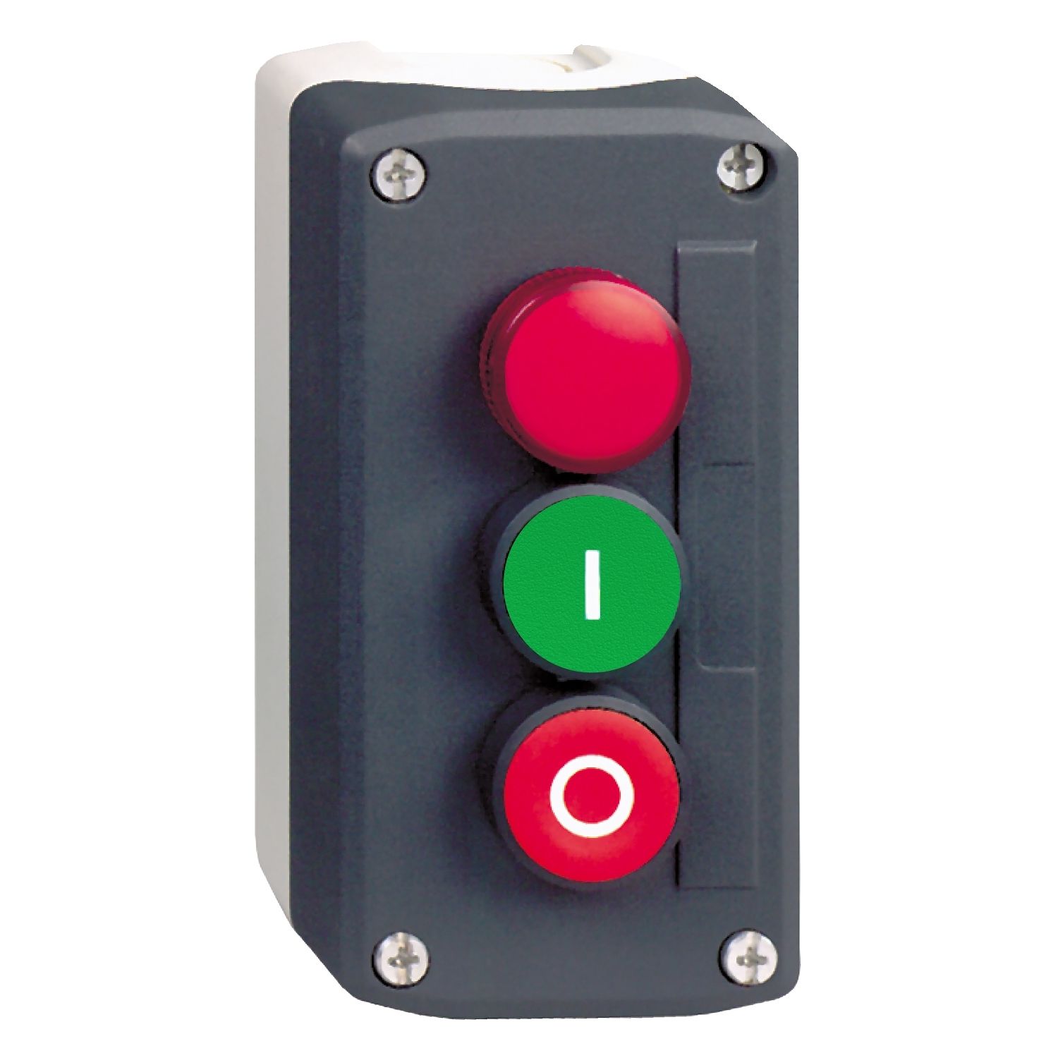 XALD363M Control station, Harmony XALD, XALK, plastic, dark grey, 1 red pilot light 1 green flush I 1 red flush O push buttons, 22mm, spring return