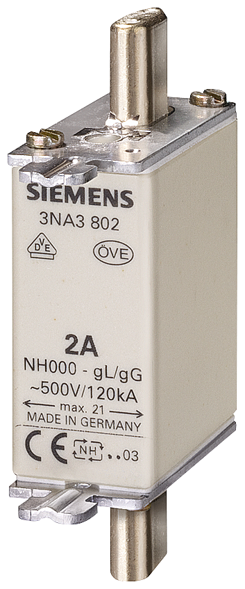 Siemens 3NA3801 LV HRC fuse element, NH000, In: 6 A, gG, Un AC: 500 V, Un DC: 250 V, Front indicator, live grip lugs