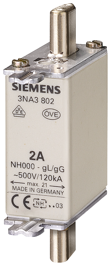 Siemens 3NA3807 LV HRC fuse element, NH000, In: 20 A, gG, Un AC: 500 V, Un DC: 250 V, Front indicator, live grip lugs