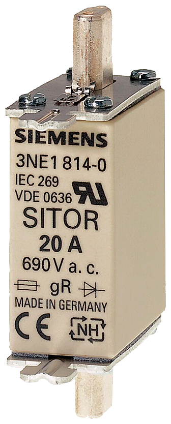 Siemens 3NE1820-0 SITOR fuse link, with blade contacts, NH000, In: 80 A, gS, Un AC: 690 V, Un DC: 250 V, front indicator