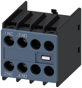 Siemens 3RH2911-1HA11 auxiliary switch, on the front, 1 NO + 1 NC, .1/.2, .3/.4, --/--, --/--, current path: 1 NC, 1 NO, --, --, screw terminal, for contactors 3RT2 and contactor relays 3RH2