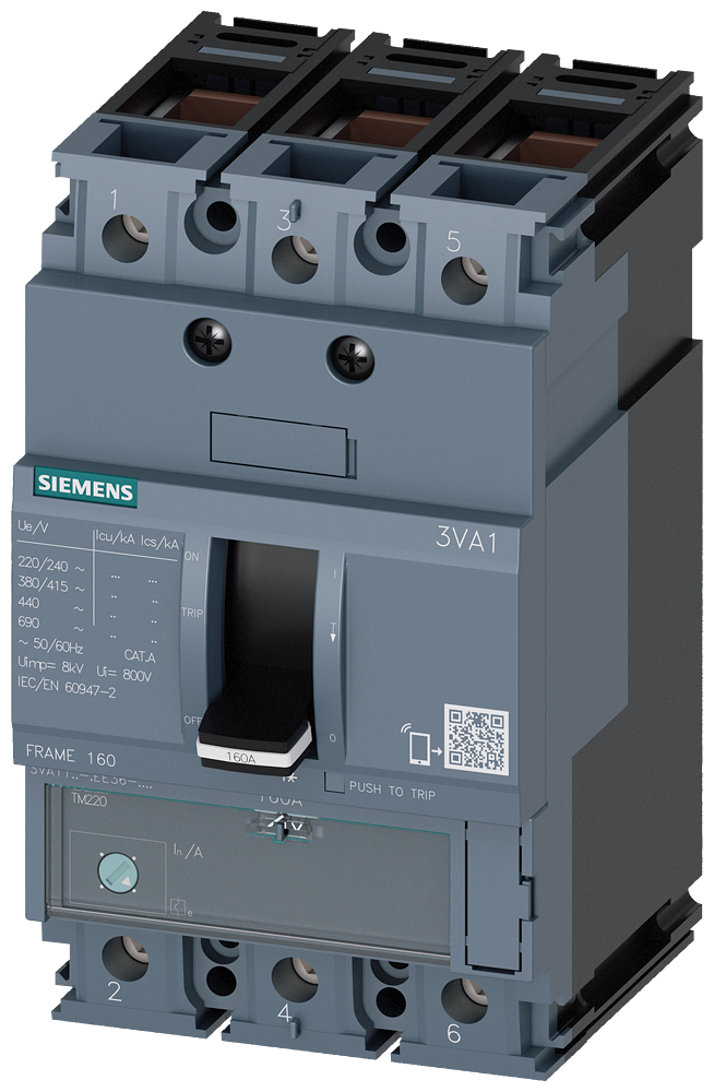 Siemens 3VA1112-5EE36-0AA0 circuit breaker 3VA1 IEC frame 160 breaking capacity class M Icu=55kA @ 415V 3-pole, line protection TM220, ATFM, In=125A overload protection Ir=88A...125A short-circuit protection Ii=10 x In clamp connection