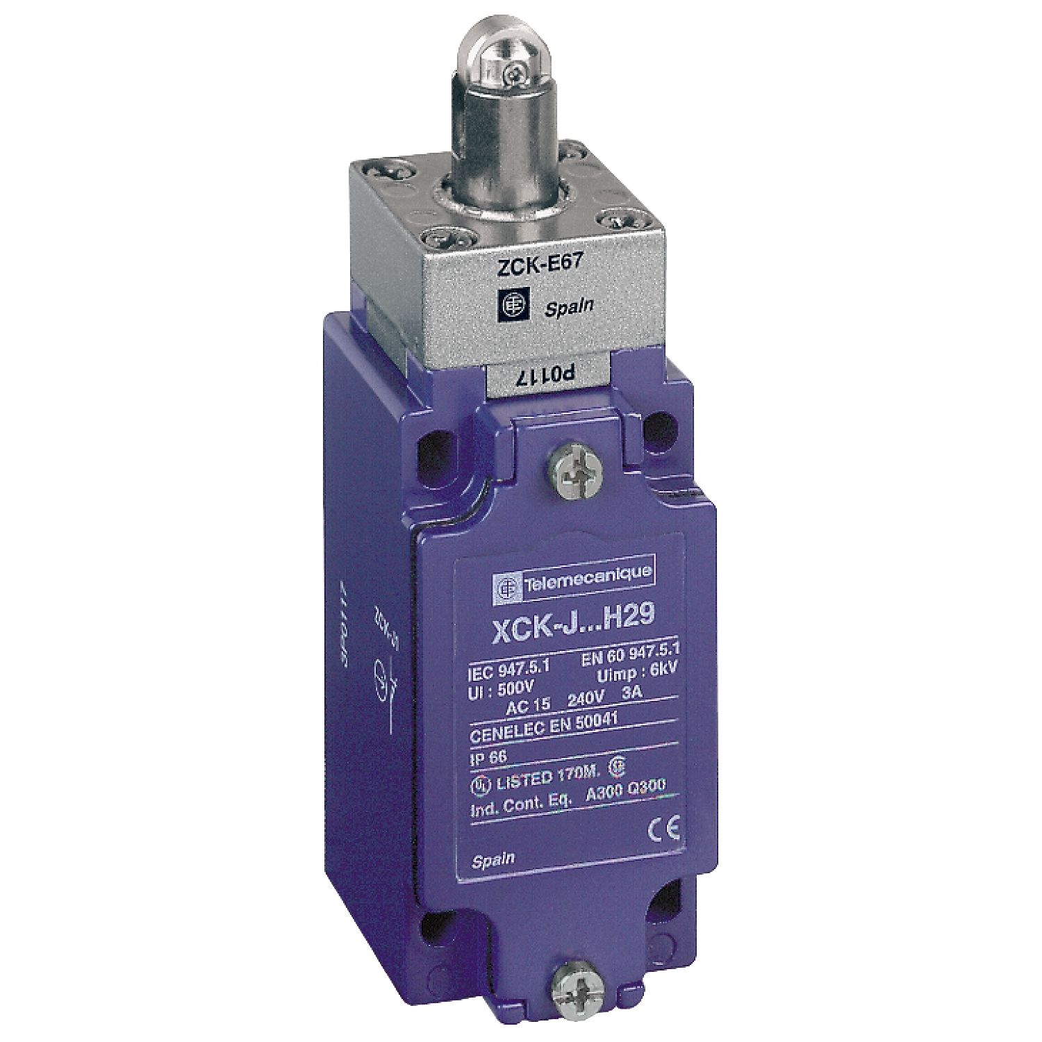 XCKJ167 Limit switch,  XC Standard, XCKJ, steel roller plunger reinforced, 1NC+1 NO, snap, Pg13