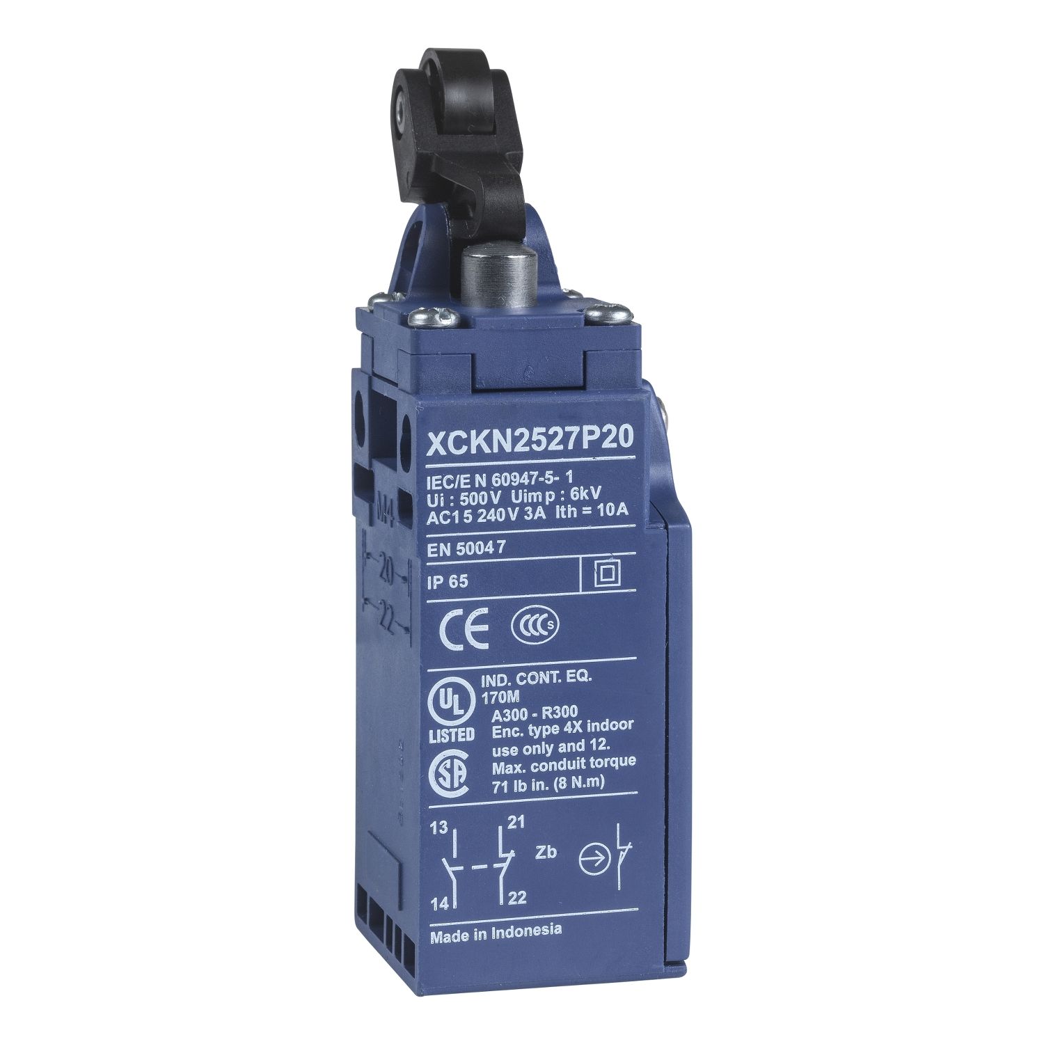 XCKN2127P20 Limit switch, Limit switches XC Standard, XCKN, thermoplastic plastic roller lever plung. Ver, 1NC+1 NO, snap, M20