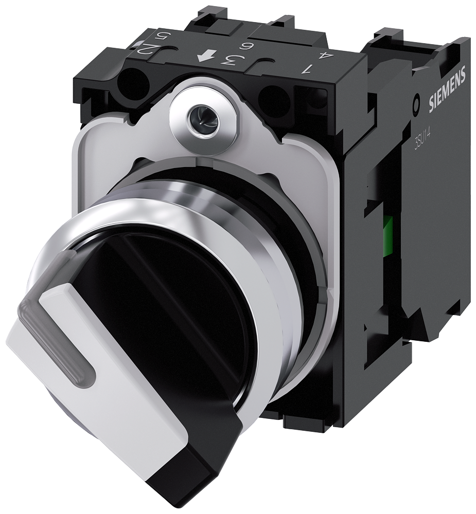 Siemens 3SU1150-2BF60-1MA0 Selector switch, illuminable, 22 mm, round, metal, shiny, white, selector switch, short, 2 switch positions O-I, latching, actuating angle 90°, 10:30h/13:30h, with holder, 1 NO, 1 NC, screw terminal