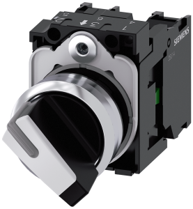 Siemens 3SU1150-2BF60-1MA0 Selector switch, illuminable, 22 mm, round, metal, shiny, white, selector switch, short, 2 switch positions O-I, latching, actuating angle 90°, 10:30h/13:30h, with holder, 1 NO, 1 NC, screw terminal