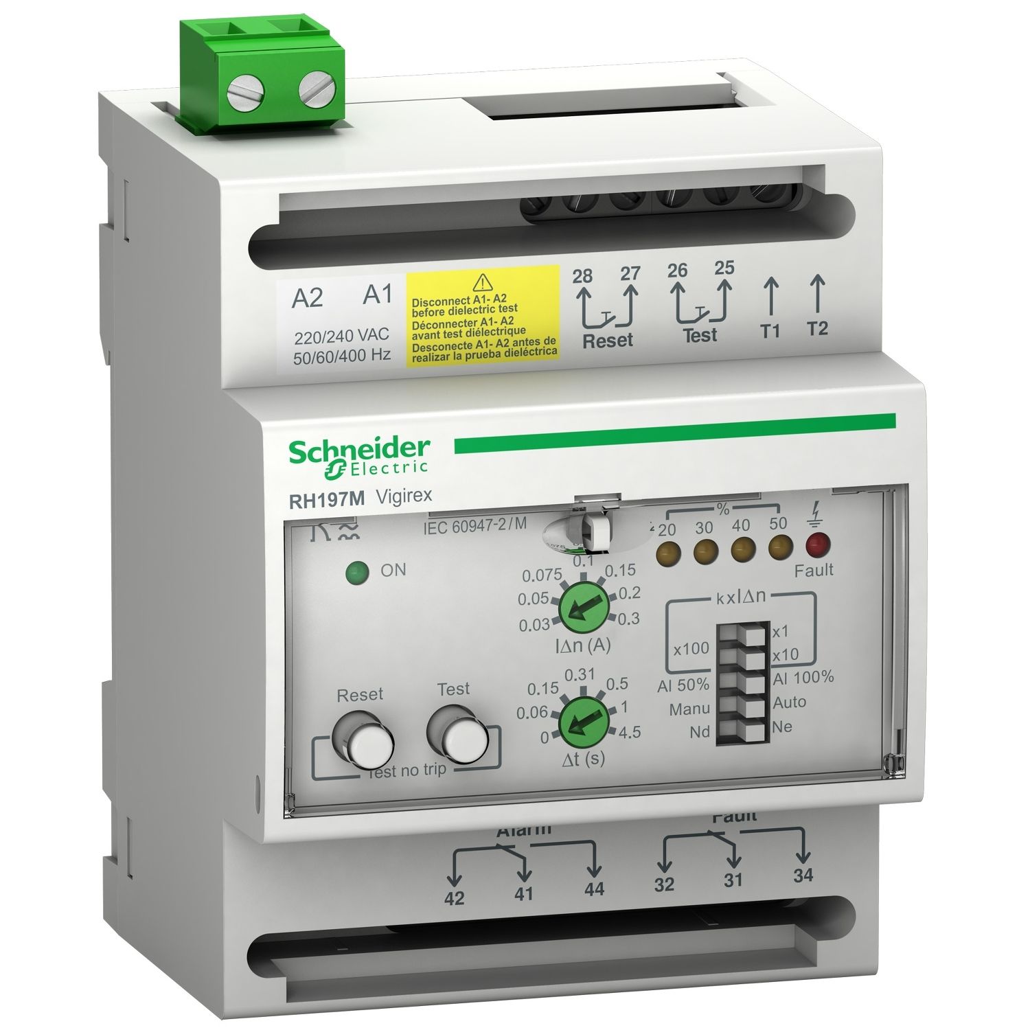 56517 Residual current protection relay, VigiPacT RH197M, 30mA-30A, 220/240VAC 50/60Hz, alarm 50% or 100%, DIN rail mounting