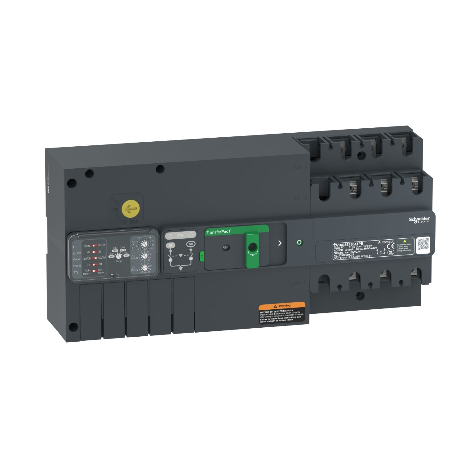 TA16D3S1254TPE transfer switch, TransferPacT Automatic, 125A, 3P, rotary, frame 160A