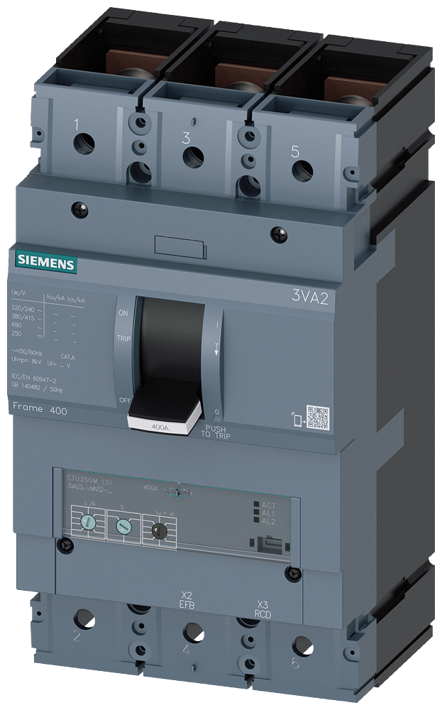 Siemens 3VA2325-5MN32-0AA0 circuit breaker 3VA2 IEC frame 400 breaking capacity class M Icu=55kA @ 415V 3-pole, motor protection ETU350M, LSI, In=250A overload protection Ir=100A...250A short-circuit protection Isd=3...15 x Ir, Ii=15 x In nut keeper kit