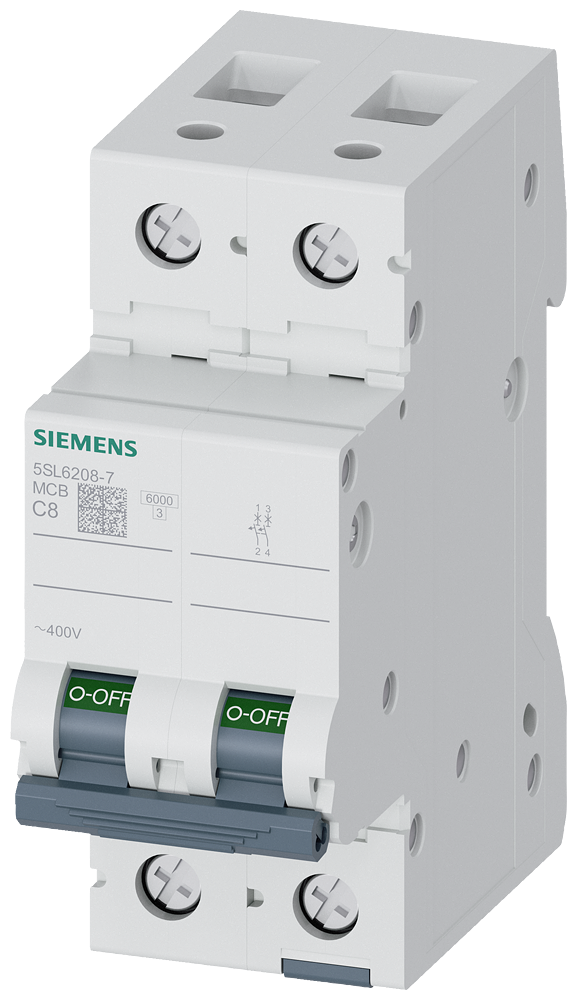 Siemens 5SL6208-7 Miniature circuit breaker 400 V 6kA, 2-pole, C, 8A