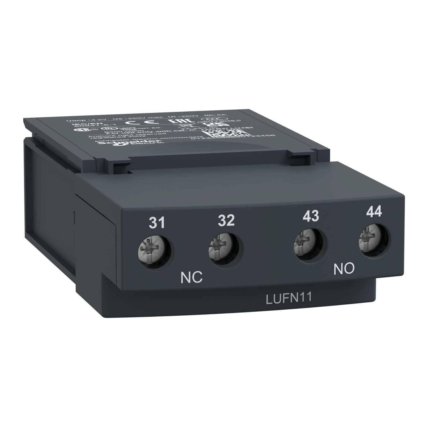 LUFN11 Auxiliary contacts, TeSys Ultra, 1NO + 1NC, 250VAC/DC, Power pole status, screw terminal