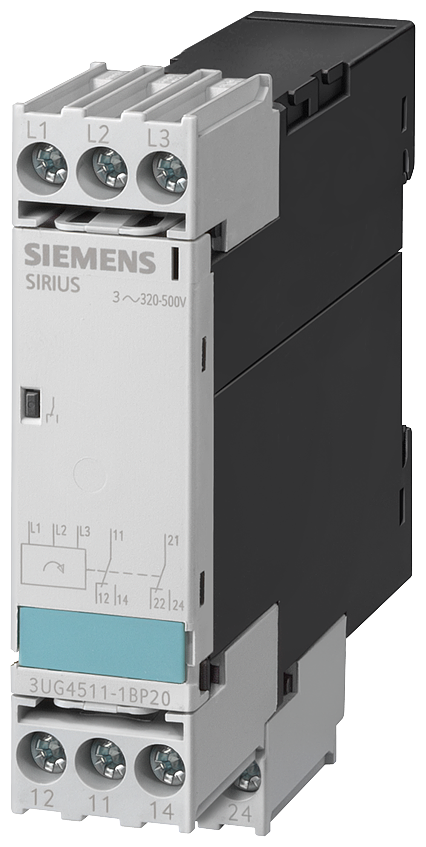 Siemens 3UG4511-1BP20 phase sequence monitoring 3x320-500 V 2 CO analog monitoring relay phase sequence monitoring 3 x 320...500 V 50...60 Hz AC 2 changeover contacts screw terminal