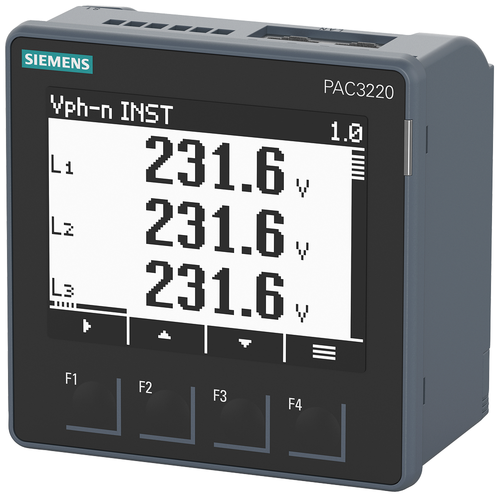 Siemens 7KM3220-0BA01-1DA0 SENTRON PAC3220 LCD 96X96 mm Power Monitoring Device Controll panel instrument for electrical values protocol: Modbus TCP with graphics display U rated input: 690/400V 45-65Hz IE rated input: X/1A oder X/5A AC Power supply: 100