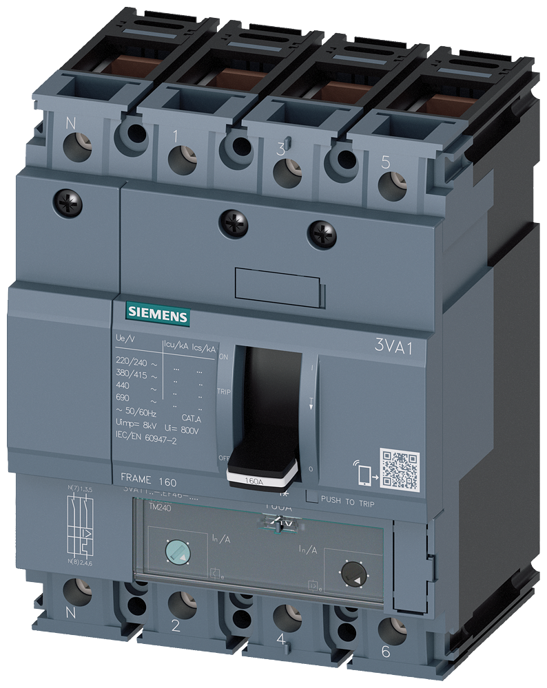 Siemens 3VA1110-4EF46-0AA0 circuit breaker 3VA1 IEC frame 160 breaking capacity class S Icu=36kA @ 415V 4-pole, line protection TM240, ATAM, In=100A overload protection Ir=70A...100A short-circuit protection Ii=5...10 x In N conductor unprotected clamp co