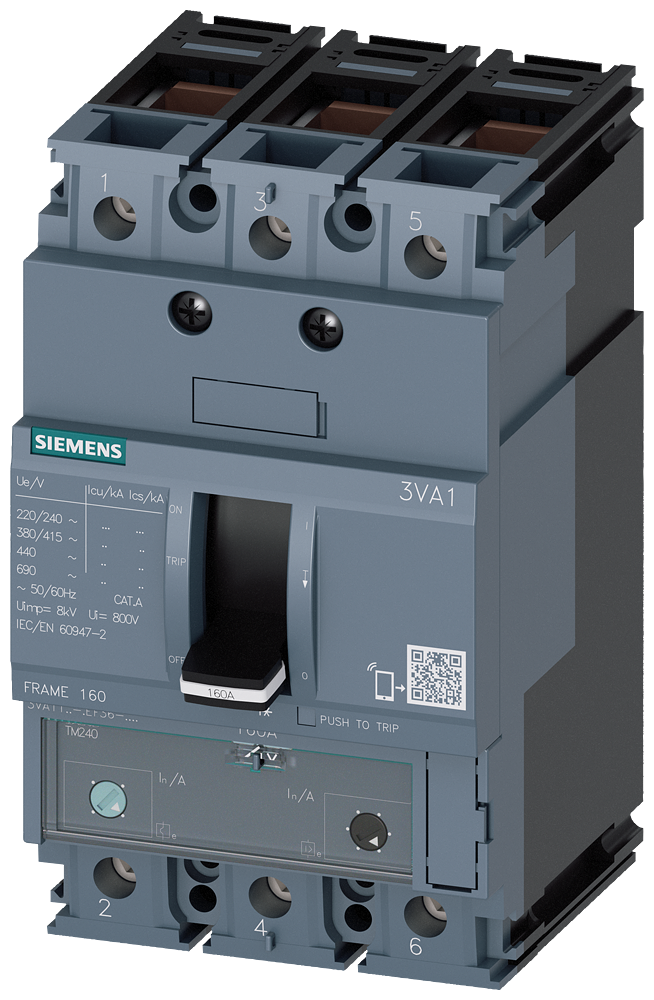 Siemens 3VA1112-5EF36-0AA0 circuit breaker 3VA1 IEC frame 160 breaking capacity class M Icu=55kA @ 415V 3-pole, line protection TM240, ATAM, In=125A overload protection Ir=88A...125A short-circuit protection Ii=5...10 x In clamp connection