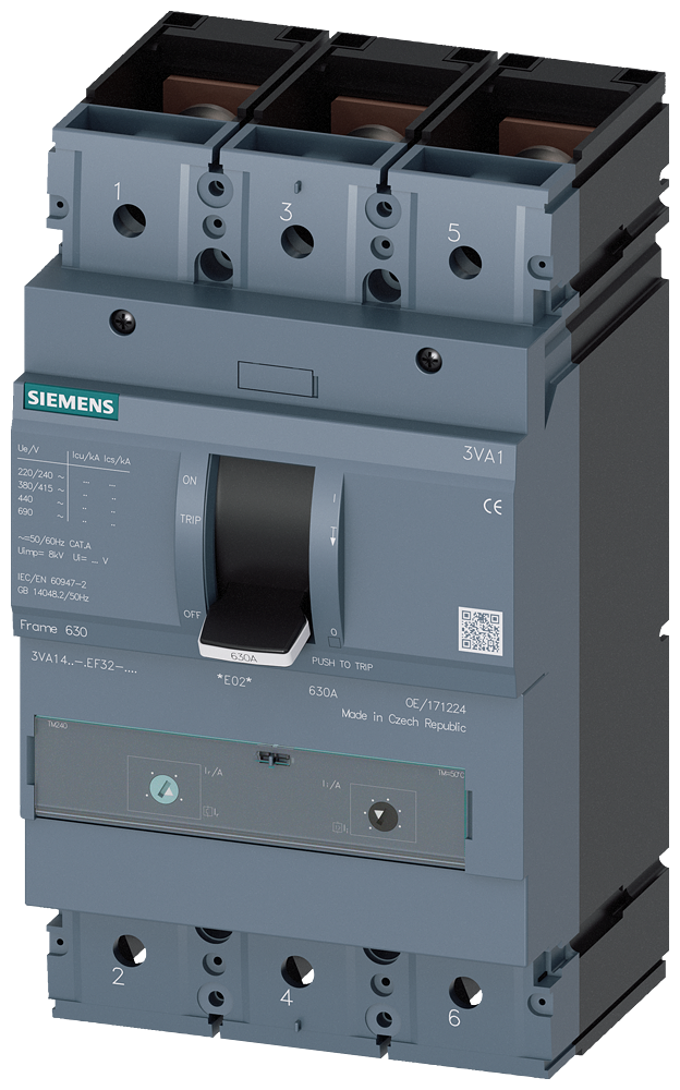 Siemens 3VA1463-5EF32-0AA0 circuit breaker 3VA1 IEC frame 630 breaking capacity class M Icu=55kA @ 415V 3-pole, line protection TM240, ATAM, In=630A overload protection Ir=440A...630A short-circuit protection Ii=4...8 x In nut keeper kit