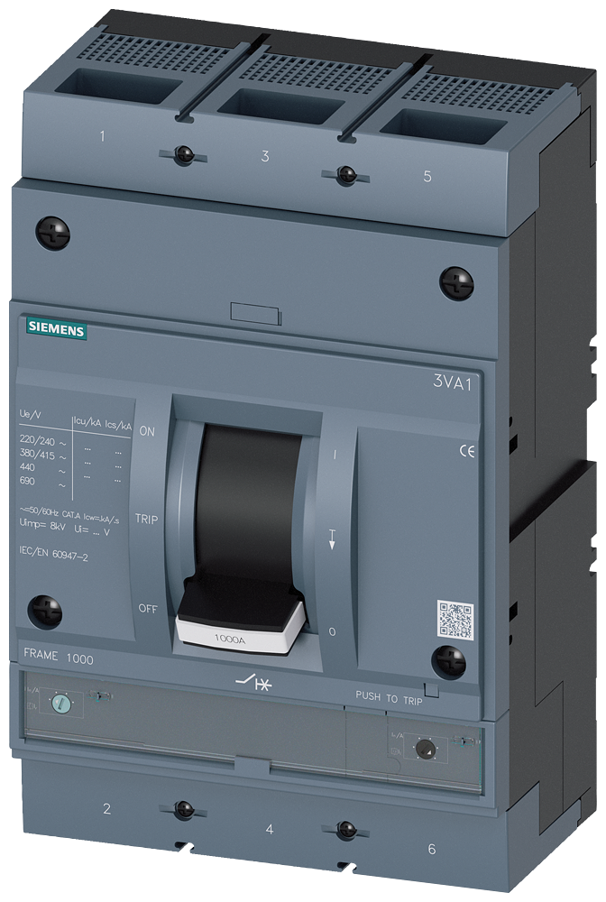 Siemens 3VA1510-5EF32-0AA0 circuit breaker 3VA1 IEC frame 1000 breaking capacity class M Icu=55kA @ 415V 3-pole, line protection TM240, ATAM, In=1000A overload protection Ir=700A...1000A short-circuit protection Ii=5...10 x In nut keeper kit