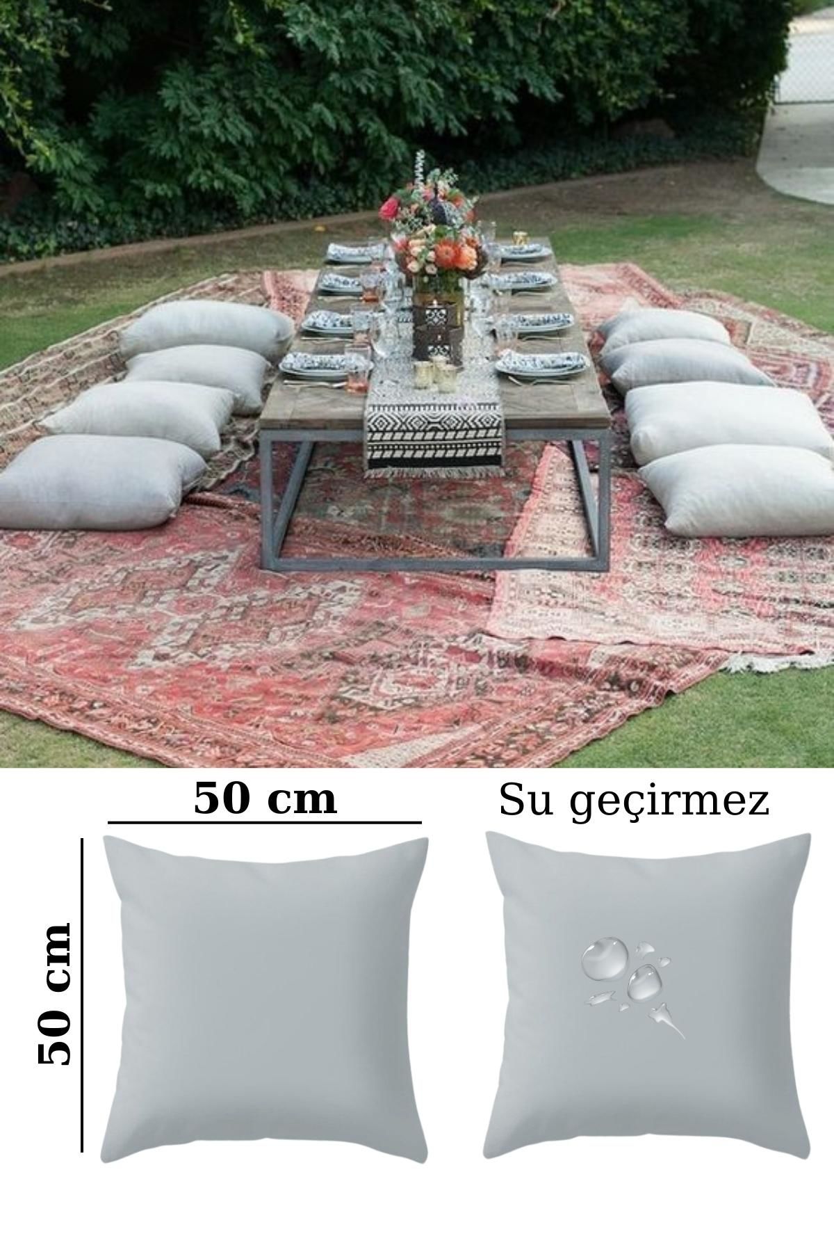 2 Adet Gri 50x50 cm Su Geçirmez Yer Minderi Balkon Minderi Piknik Minderi Parti Minderi