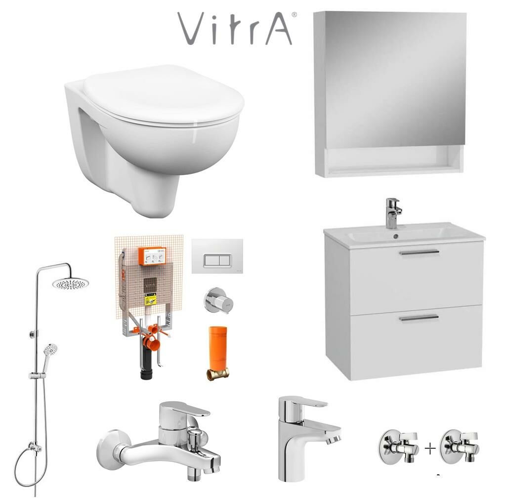 VitrA 60cm Beyaz Banyo Dolabı + Duş Sistemi + Batarya + Arkitekt Klozet Set