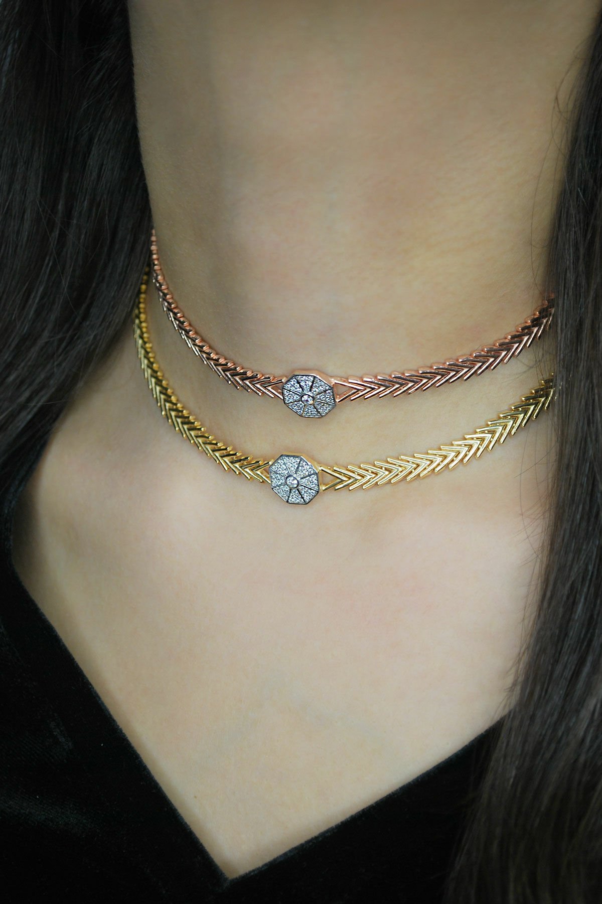 Taşlı Oktagon Çavuş Su Yolu Gümüş Choker
