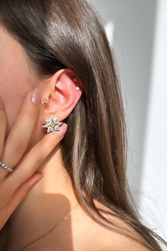 Yıldız Taşlı Tasarım Gümüş Küpe