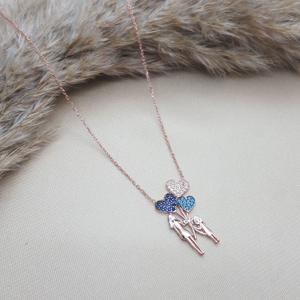 Üçlü Kalp Anne Kız Gümüş Kolye