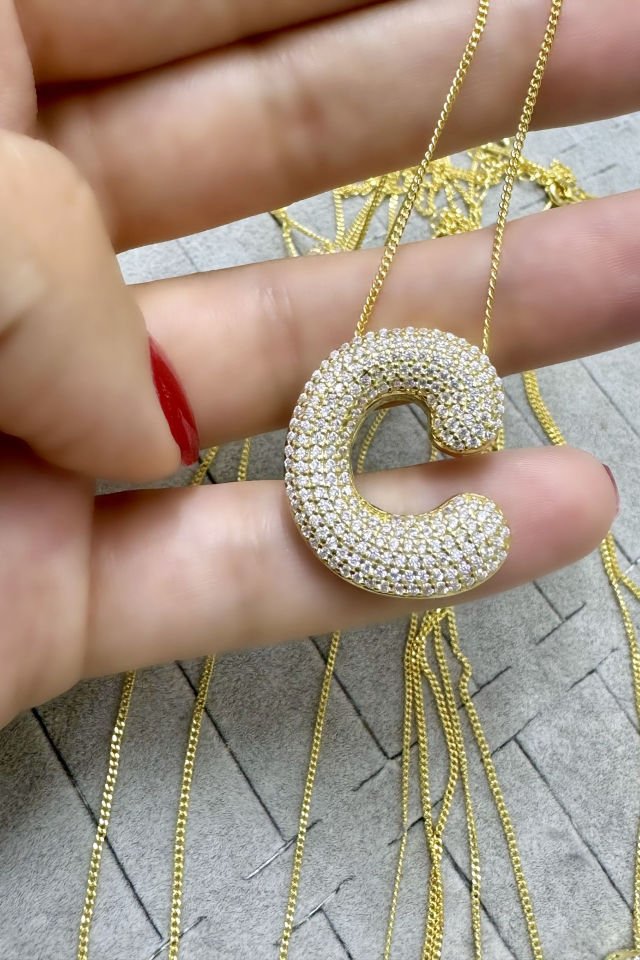 Balon Taşlı Harf Gümüş Kolye