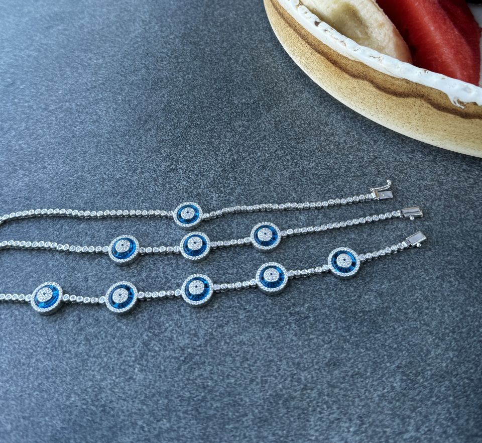 Cam Göz Tek Sıra Su Yolu  Gümüş Bileklik