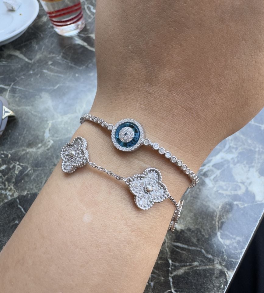 Cam Göz Tek Sıra Su Yolu  Gümüş Bileklik