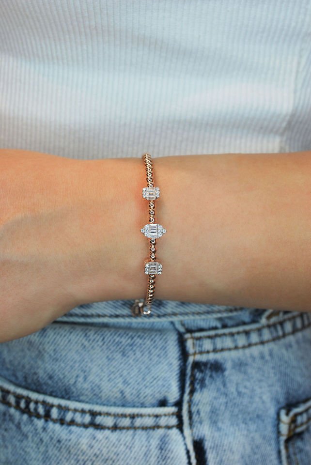 Üçlü Baget Pırlanta Kesim Gümüş Bileklik