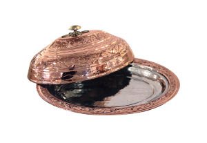 Bakır İşlemeli Oval Kebap Tabağı Kapaklı 32x48 cm