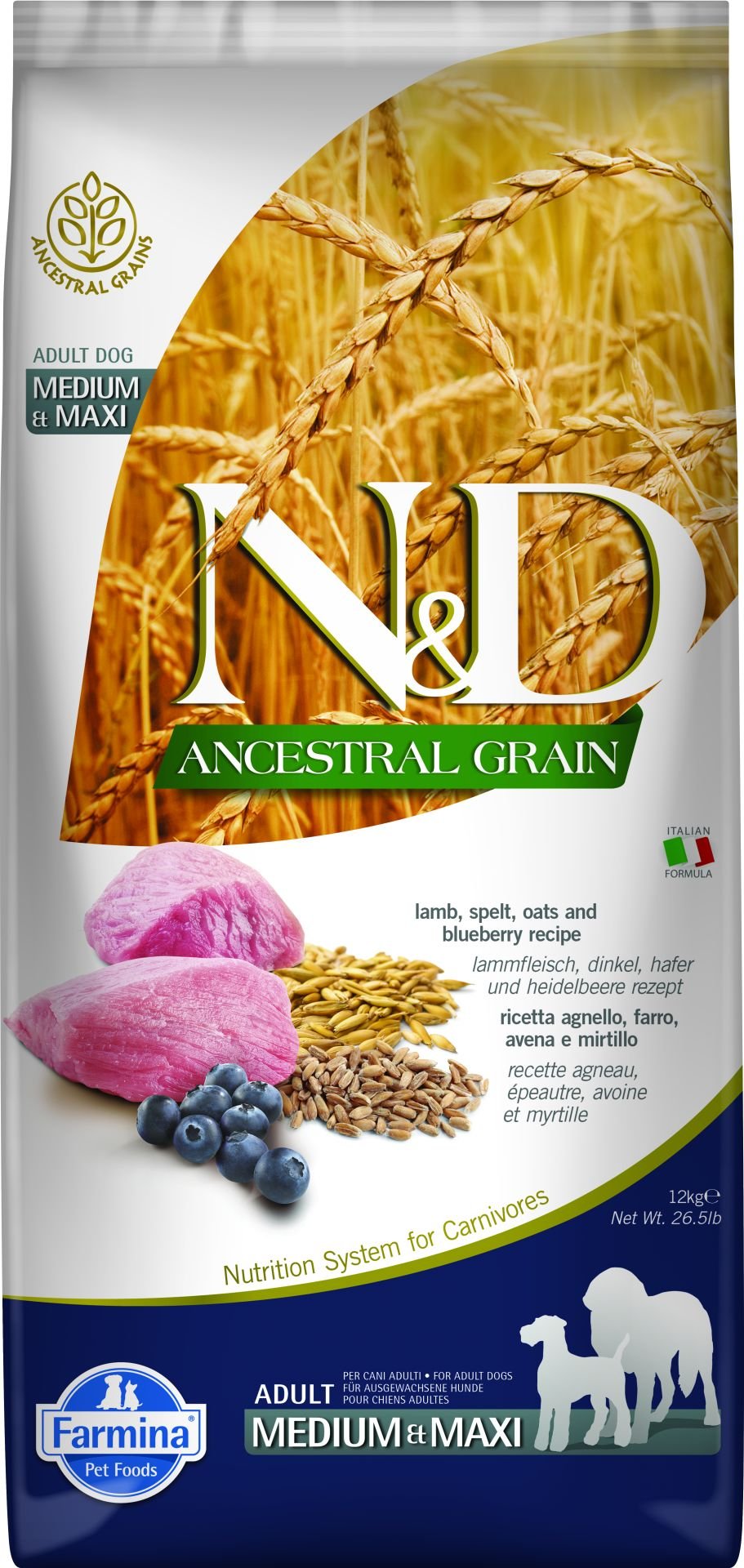 N&D Ancestral Grain Kuzu Etli ve Yaban Mersinli Düşük Tahıllı Orta ve Büyük Irk Yetişkin Köpek Maması 12 Kg