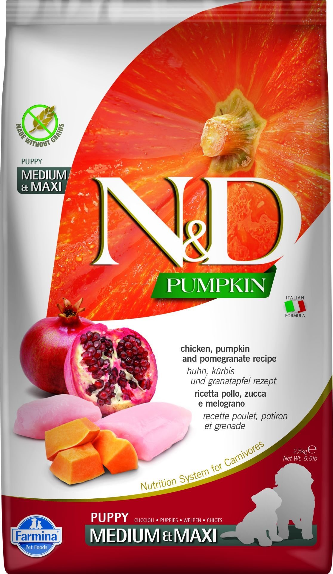 N&D Pumpkin Bal Kabaklı Tavuk Etli ve Narlı Tahılsız Orta ve Büyük Irk Yavru Köpek Maması 2,5 Kg