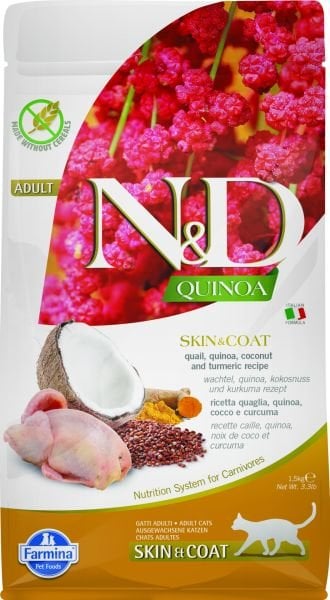 N&D Quinoa Skin&Coat Bıldırcın Etli Kinoalı Hindistan Cevizli Yetişkin Kedi Maması 1,5 Kg