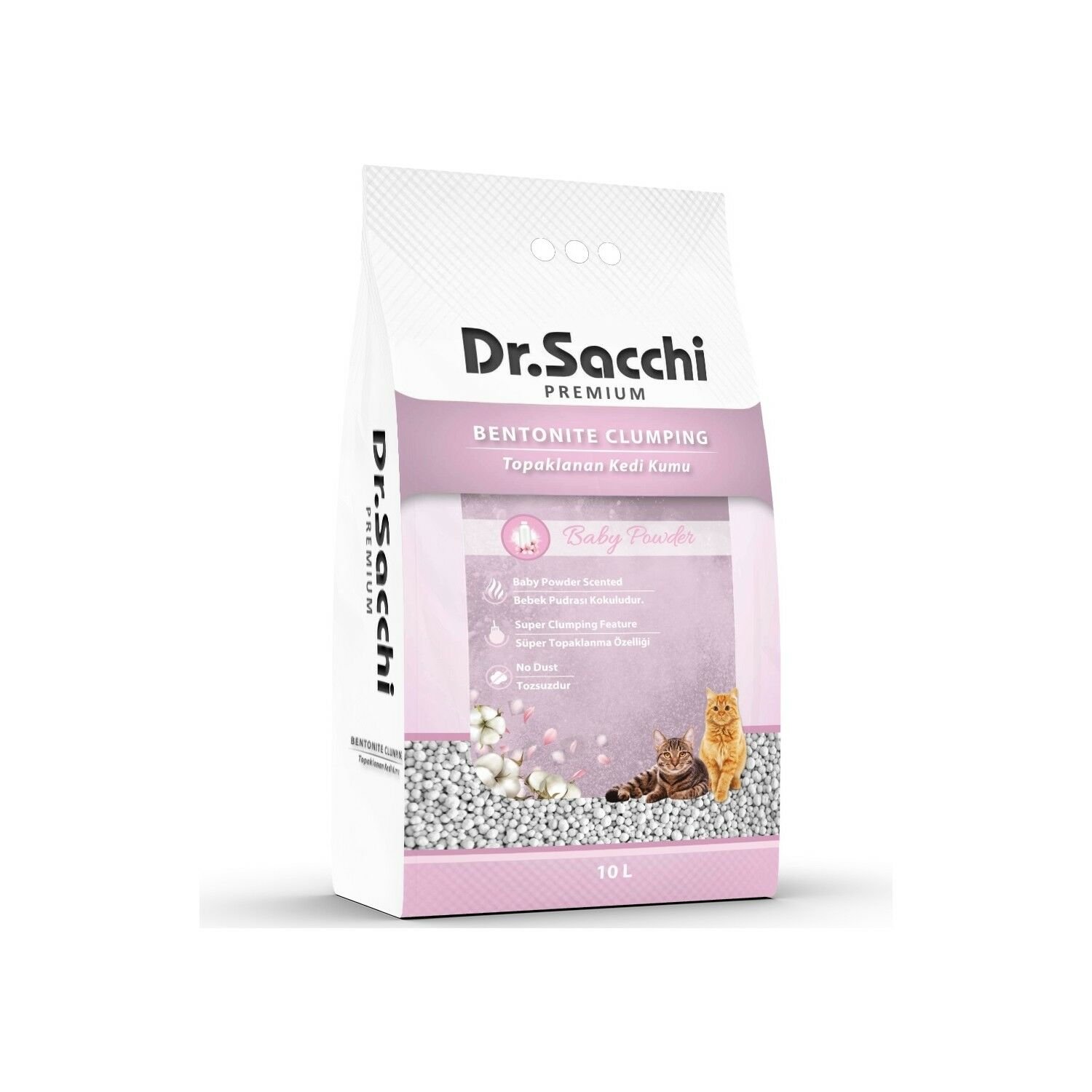 Dr. Sacchi Premium Süper Topaklanan İnce Taneli Bebek Pudrası Kokulu Bentonit Kedi Kumu 10 Lt