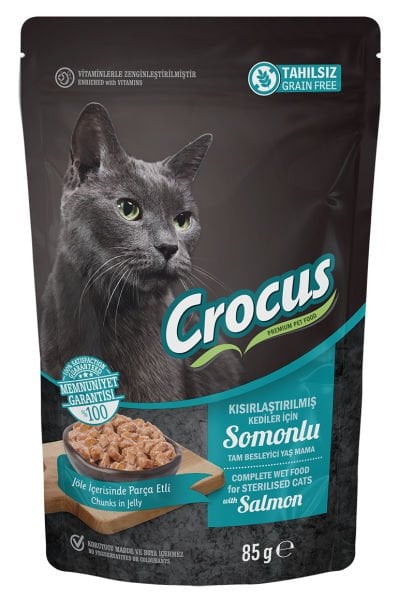 Crocus Tahılsız Kısırlaştırılmış Kedi Somonlu Pouch Jöleli Yaş Mama 85 Gr