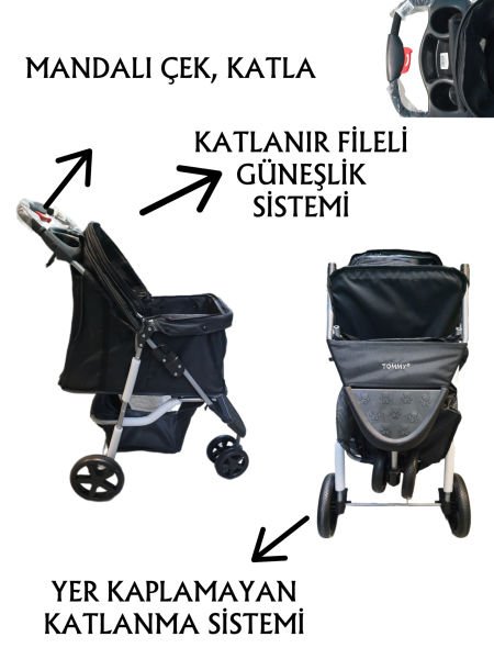 Tommy Evcil Hayvan Arabası 80x46x99cm Siyah Max 15 Kg