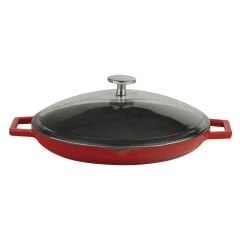 Lava Casting Round Frying Pan Diameter (Ø)30cm. Cast Iron Solid Double Handle with Glass Cover - Red