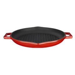 Lava Casting Round Grill Pan Diameter (Ø)30cm. Cast Iron Solid Double Handle - Red